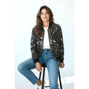 Peace Love metalic gold beaded studded black glam rock bomber jacket sz 8